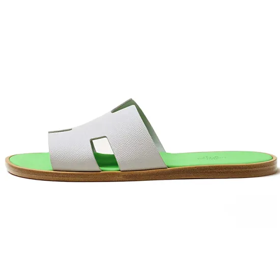 HERMES Izmir Sandal Gris Quartz Vert Fluo Epsom Calfskin Leather