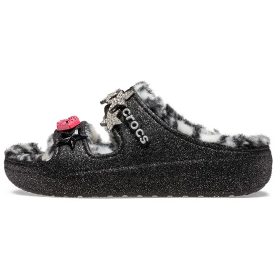 Crocs Classic Cozzzy Disco Glitter Sandals 'Black' Women's