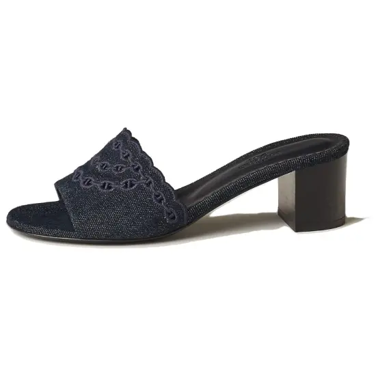 HERMES Gwladys Genuine Leather Sole Slide Slippers Women's Marine Blue