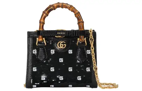 GUCCI Diana Mulberry Silk Satin Lizard Skin Trim Tote Bag, Shopping Bag, Crossbody Bag, Handbag Mini Women's Black