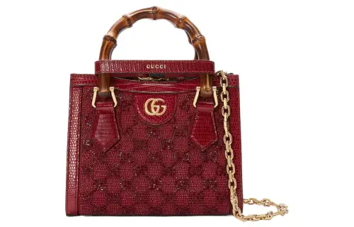GUCCI Diana Silk Satin Fabric With Lizard Skin Trim Tote Bag, Shopping Bag, Crossbody Bag, Handbag Mini Women's Red
