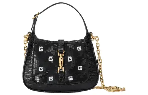 GUCCI Jackie 1961 Silk Satin With Lizard Skin Crescent Shoulder Bag Shoulder Bag Mini Women's Black