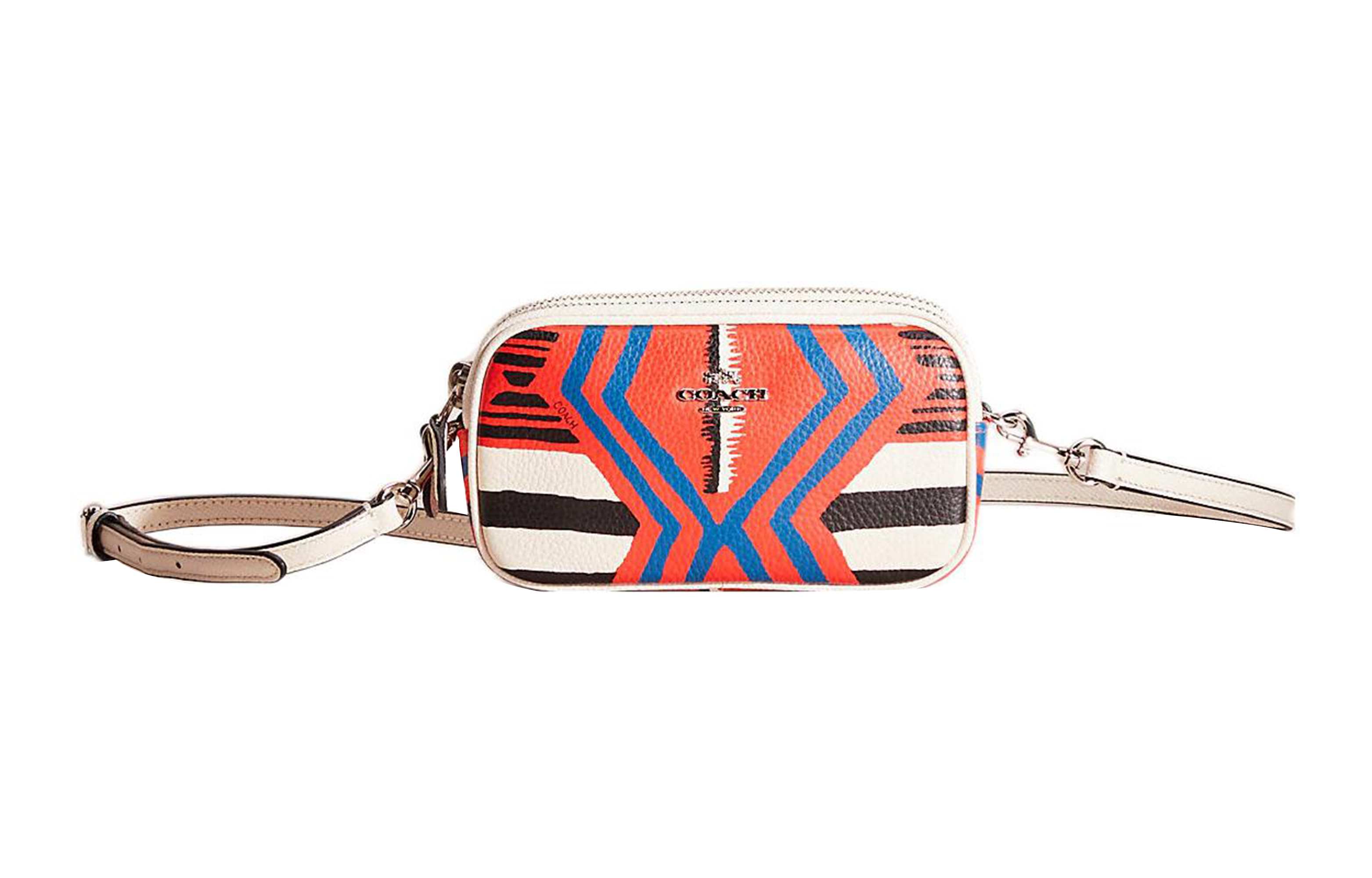 COACH Coach 16 Logo Logo Stripe Print Zipper Closure Cross Grain Leather Crossbody Bag Small Women's Multicolor