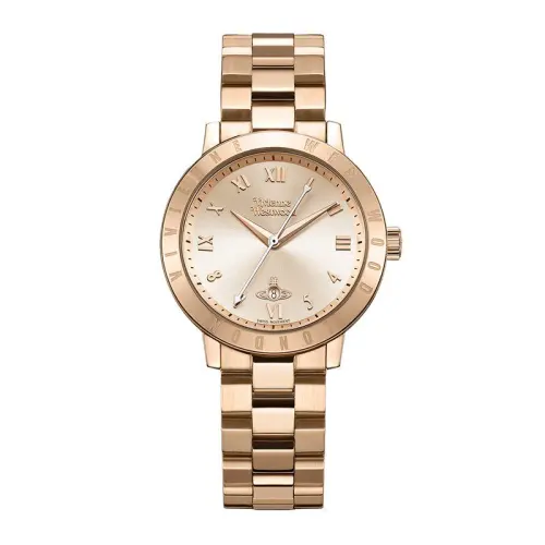 Vivienne Westwood Vivienne westwood, quartz watch strap stainless steel, golden dial, sophisticated women's watch, retro calendar, quartz mechanism, pink gold