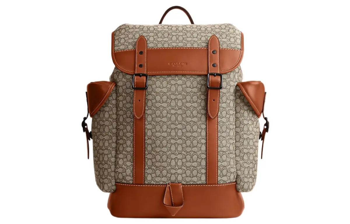 COACH Hitch Jacquard With Refined Calfskin Backpack Backpacks Men's Gray & Brown
