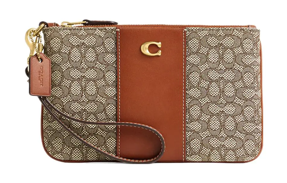 COACH Wristlet Jacquard With Calfskin Clutch Wrist Bag Small Women's Gray & Brown
