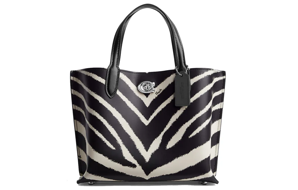 COACH Willow Calfskin Tote Bag, Shopping Bag, Handbag Medium Women's Black White
