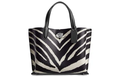 COACH Willow Calfskin Tote Bag, Shopping Bag, Handbag Medium Women's Black White