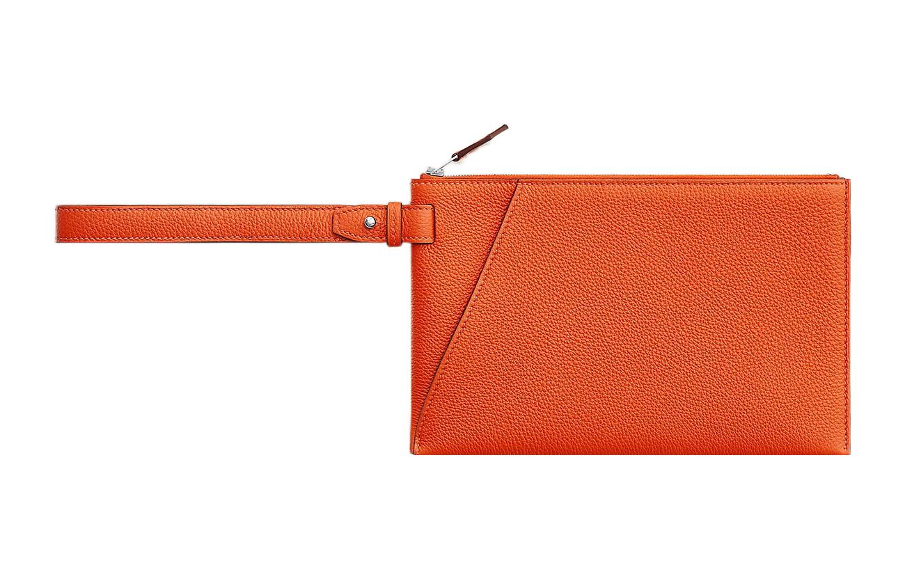 HERMES Cabavertige Togo Calfskin Clutch Men's 0X Aluminum Cinnabar Orange