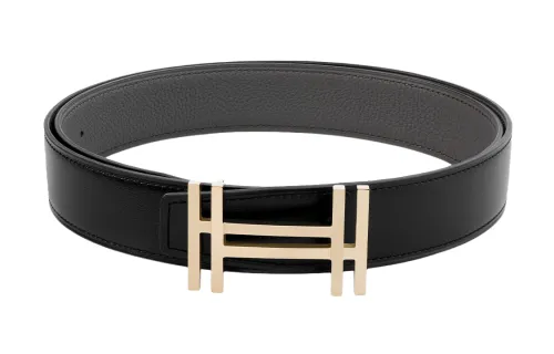 HERMES Block H Calfskin Leather Belts Men's Width 3.2cm