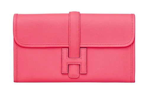 HERMES Jige Elan Swift Leather Wallet Women's 8W Rose Azalee Lipstick Powder