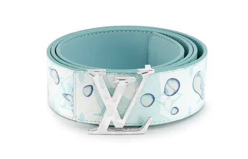 LOUIS VUITTON Metal Canvas Cow Leather Belts Unisex Light Blue/Mint Green Width 4cm