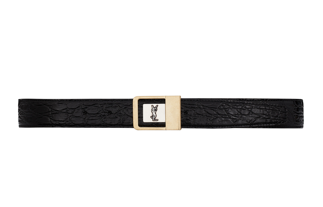 SAINT LAURENT Solid Color Texture Logo With Buckle, Smooth Buckle Cow Leather Belts Women's Black Width 3cm
