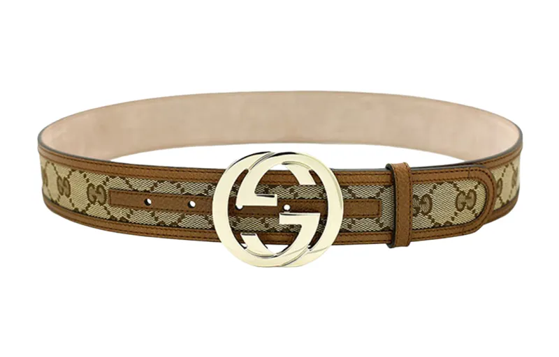 GUCCI Interlocking G Metal Leather Belts Women's Brown Width 4cm