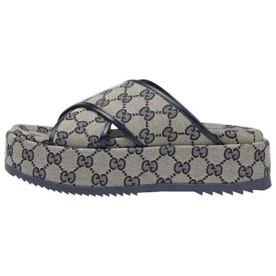 GUCCI Gg Platform 30 Mm Sandal Blue Canvas Women's
