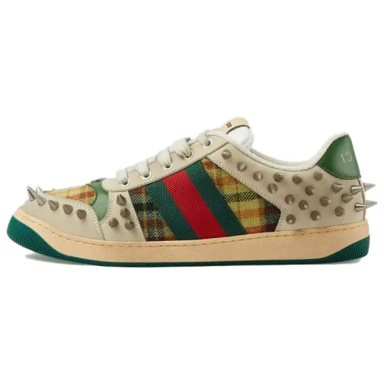 GUCCI Screener Gg Leather Sneaker Beige Metallic Silver Green