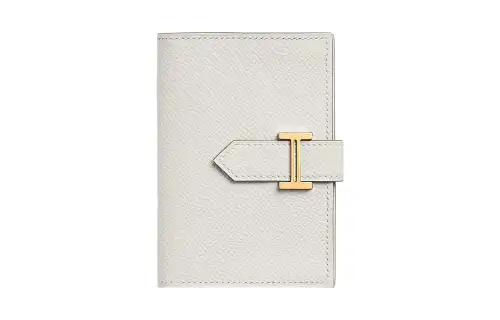 HERMES Bearn Gold tone Lock Epsom Leather Wallet Card Holder Women's Light Gray