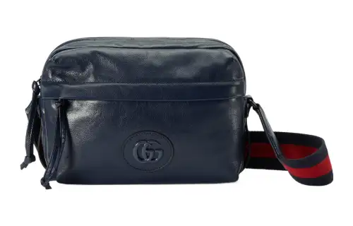 GUCCI Double G Leather Messenger Bag Shoulder Bag, Crossbody Bag Unisex Marine Blue