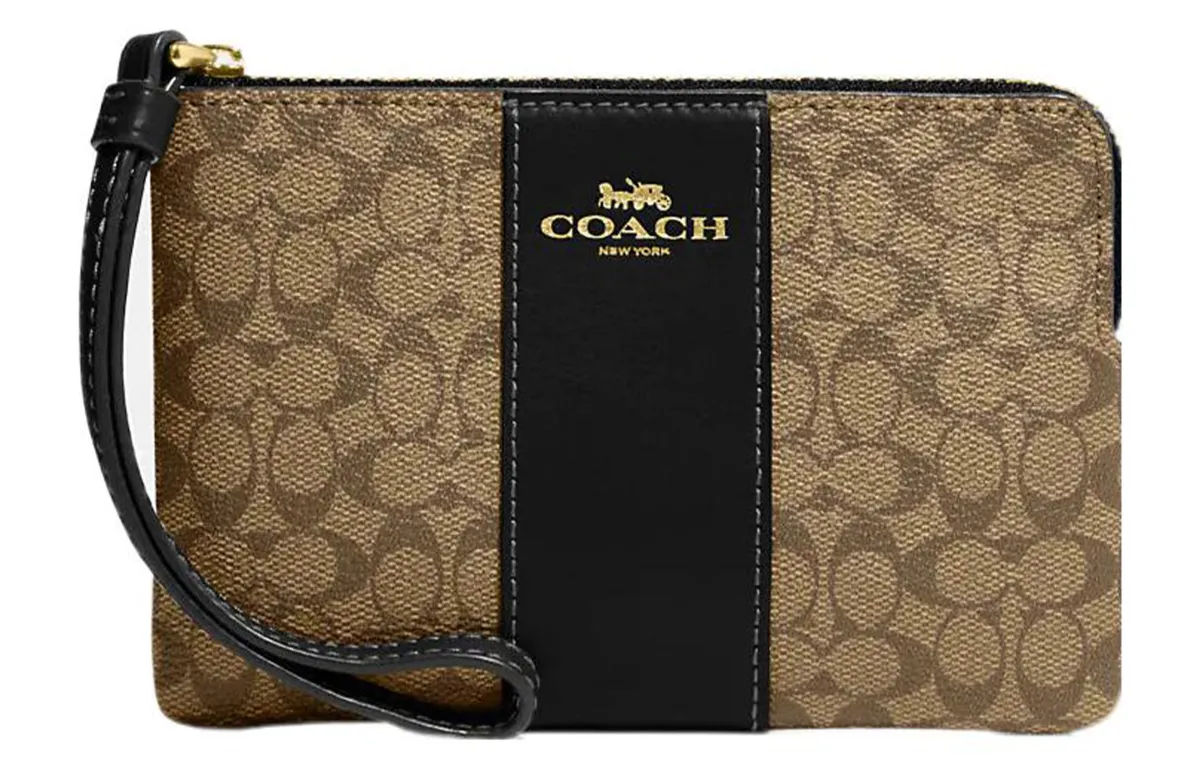 COACH Corner Zip Canvas With Leather Wrist Bag Clutch Small Women's Khaki & Black