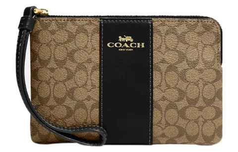 COACH Corner Zip Canvas With Leather Wrist Bag Clutch Small Women's Khaki & Black