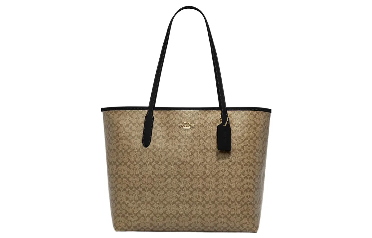 COACH City Coated Canvas With Leather Tote Bag, Shopping Bag, Handbag, Shoulder Bag Large Women's Khaki