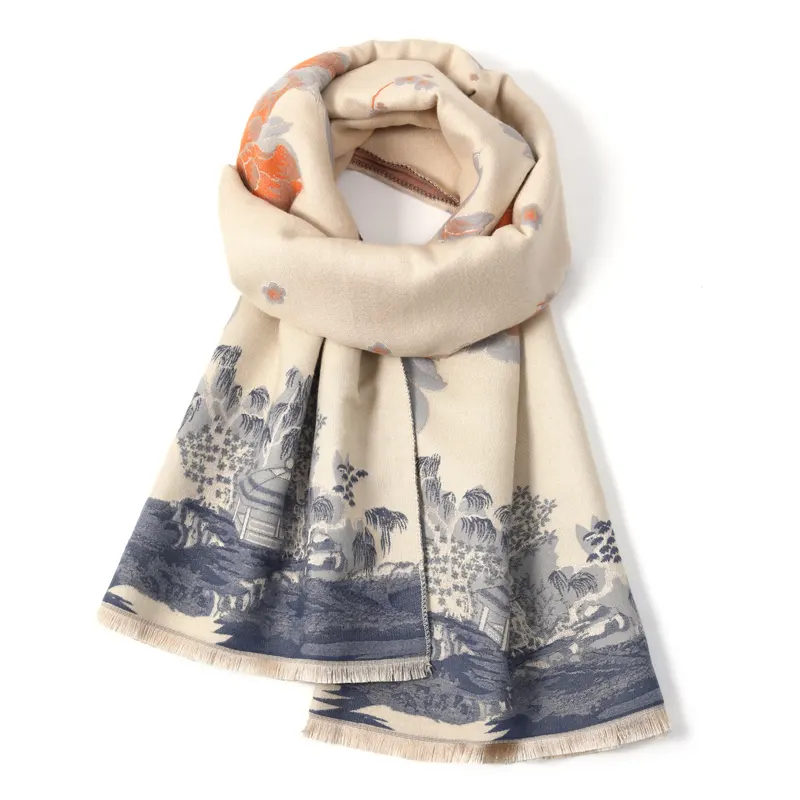 FREE RABBITⅡ Wang Jiang, Artistic Style Jacquard Fleece Lined Thermal Faux Cashmere Knit Scarves Unisex