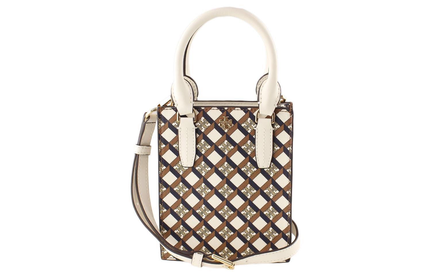 TORY BURCH Tang Liboqi Emerson Gold Double T Metal Logo PVC Coated Canvas Music Score Bag Paper Bag Bag Hand-held Shoulder Crossbody Bag Mini Women's Beige Multi-Color