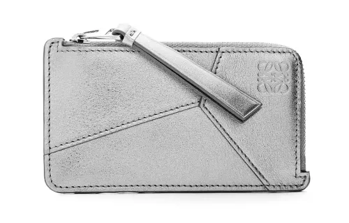 LOEWE Puzzle Cow Leather Card Holder Women's Silver
