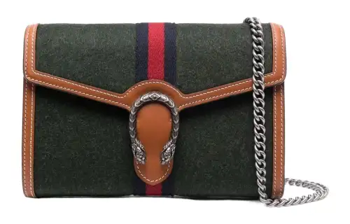 GUCCI Dionysus Shearling With Leather Chain Wallet, Crossbody Bag, Shoulder Bag Women's Green Brown