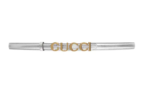 GUCCI Logo Leather Belts Women's Silver Width 1.5cm