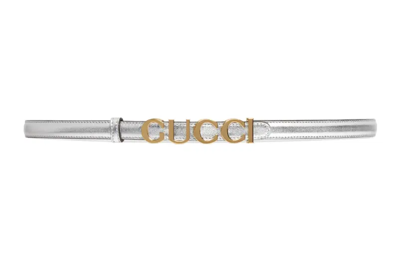 GUCCI Logo Leather Belts Women's Silver Width 1.5cm
