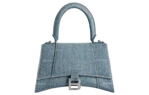 Balenciaga Women's Hourglass Small Handbag Girly Allover Denim Light Blue
