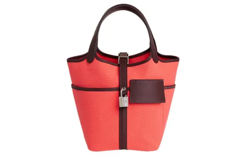 HERMES Picotin Lock Goeland Canvas With Swift Calfskin Basket Bag, Bucket Bag, Handbag 18 Women's Texas Pink & Brown