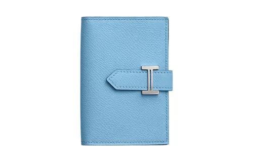 HERMES Bearn Silver Tone Buckle Epsom Calfskin Wallet Women's 7N Celeste Sky Blue