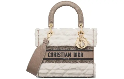 DIOR Lady D Lite Wool Handbag, Shoulder Bag, Crossbody Bag, Handbag Medium Women's Ice White/Brown