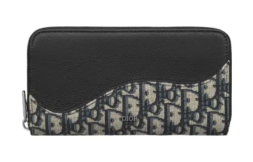 DIOR Oblique Printed Fabric Grain Cow Leather Wallet Regular Men's Black