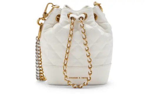 CHARLES&KEITH Synthetic Leather Underarm Bucket Bag, Crossbody Bag Medium Women's Black/Ivory