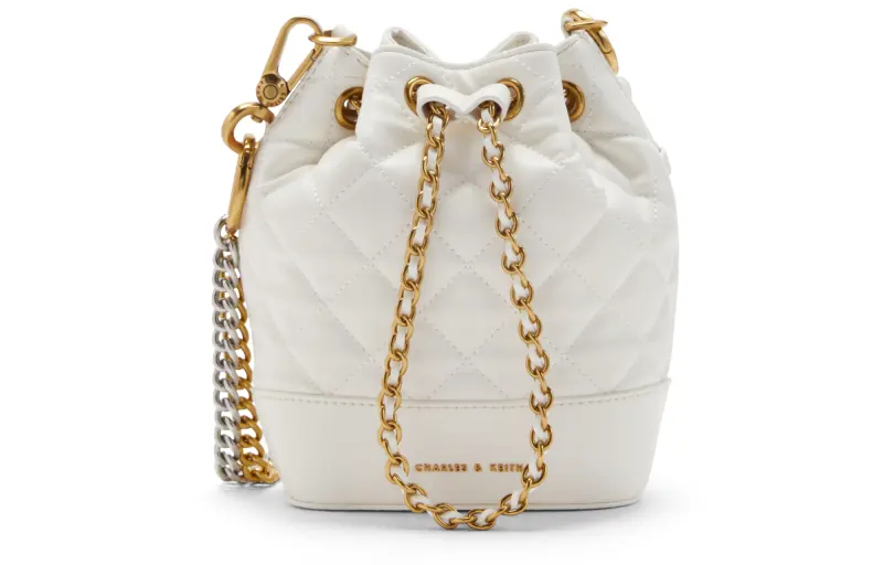 CHARLES&KEITH Synthetic Leather Underarm Bucket Bag, Crossbody Bag Medium Women's Black/Ivory