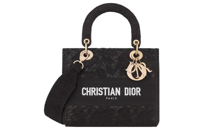 DIOR Lady D Lite Embroidery Handbag, Shoulder Bag, Crossbody Bag, Handbag Medium Women's Black