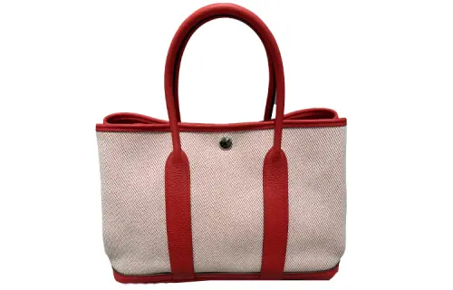 HERMES Garden Party Cowhide Patchwork Canvas Handbag 30 Women's Red/Beige