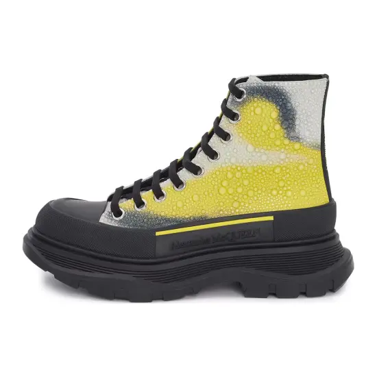 Alexander McQueen Tread Slick Lace Up Boot Mushroom Spores Print Embellished Crystals White Yellow Black Women's