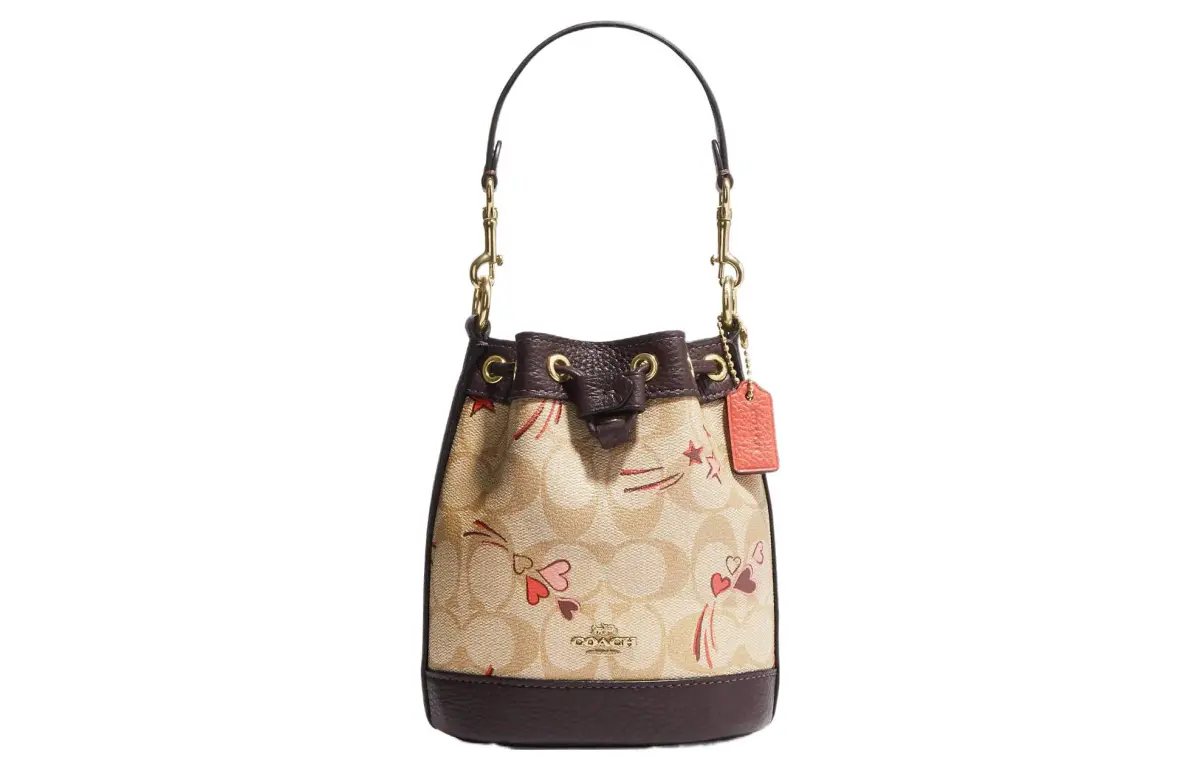 COACH Bucket Classic Jacquard Leather Bucket Bag, Handbag, Shoulder Bag Small Women's Beige & Dark Brown