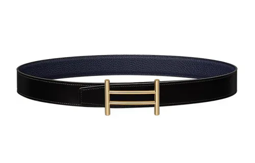 HERMES Double Sided Calfskin Leather Belts Men's Black/Blue 3.2cm