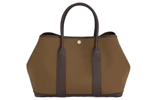 HERMES Garden Party Canvas With Negonda Calfskin Handbag Women's Brown/Green