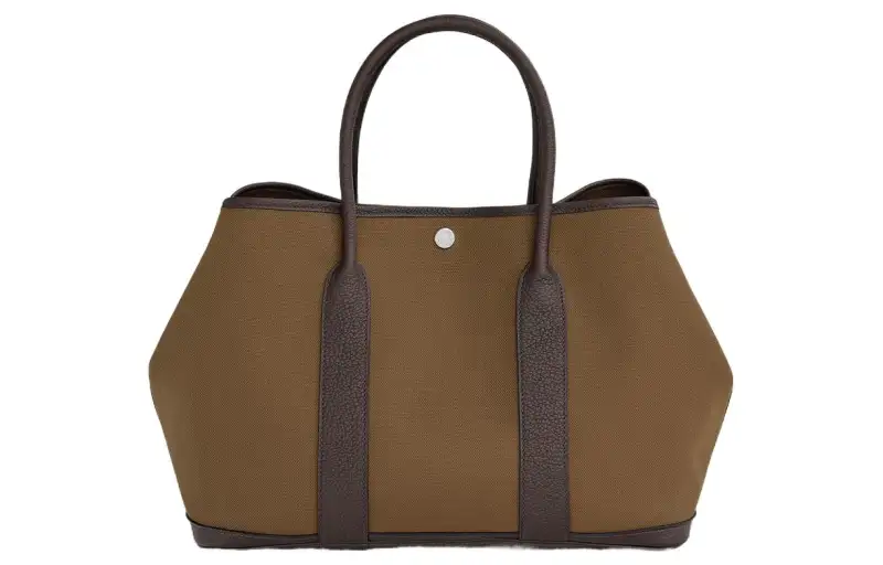 HERMES Garden Party Canvas With Negonda Calfskin Handbag Women's Brown/Green