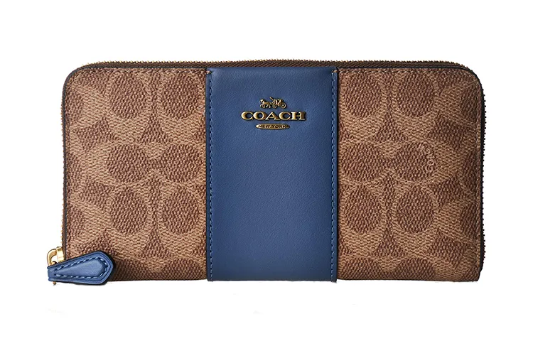 COACH Accordion Zip Coated Canvas With Leather Wallet Small Women's Brown & Blue
