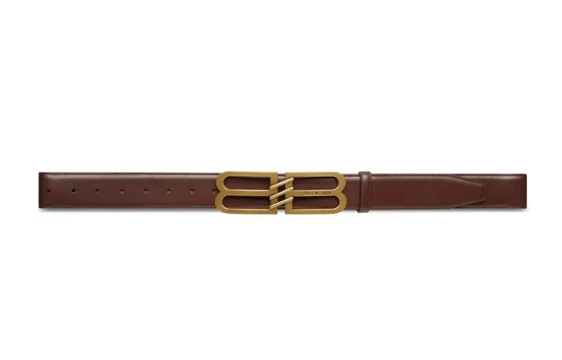 Balenciaga Gold Logo Plaque, Plate Buckle Leather Belts Unisex Brown Width 2.8CM
