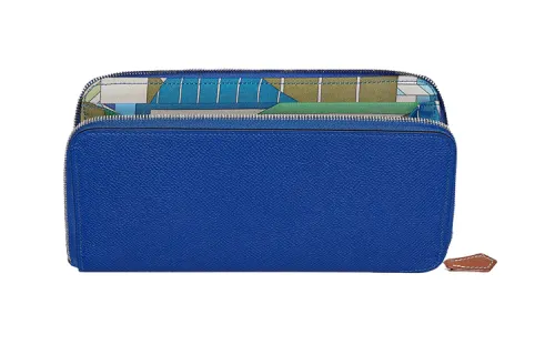 HERMES Silk'In Cow Leather Wallet Women's Electric Blue