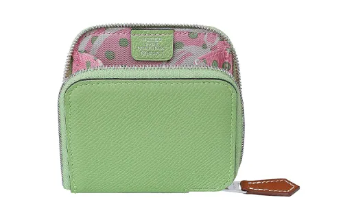 HERMES Silk'In With Cow Leather And Silk Wallet Coin Purse Women's Green