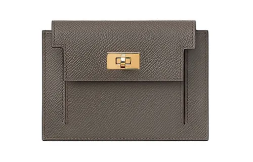 HERMES Kelly Pocket Gold tone Lock Epspm Leather Coin Purse Unisex 8F Gris Etain Tin Gray